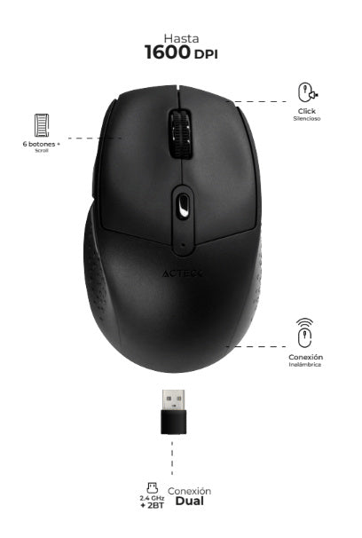 Mouse Inalambrico Acteck (Ac-934077) Optimize Ergo Mi680,Rf Usb,Bt,Optico,1600 Dpi,Negro