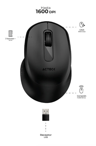 Mouse Inalambrico Acteck (Ac-934145) Optimize Ergo Mi470,Rf Usb,Optico,1600 Dpi,Negro