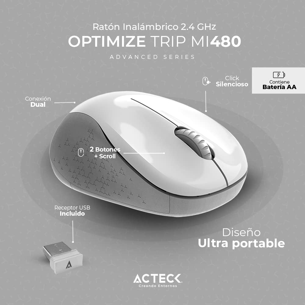 Mouse Inalambrico Acteck (Ac-934886) Optimize Trip Mi480,Rf Usb,Bt,Optico,1600 Dpi,Blanco