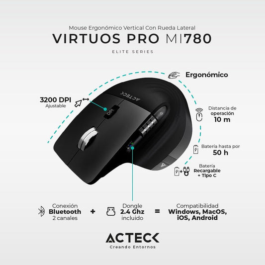 Mouse Inalambrico Acteck (Ac-936187) Virtuos Pro Mi780,Rf Usb,Bt,Optico,3200 Dpi,Recargable,Negro