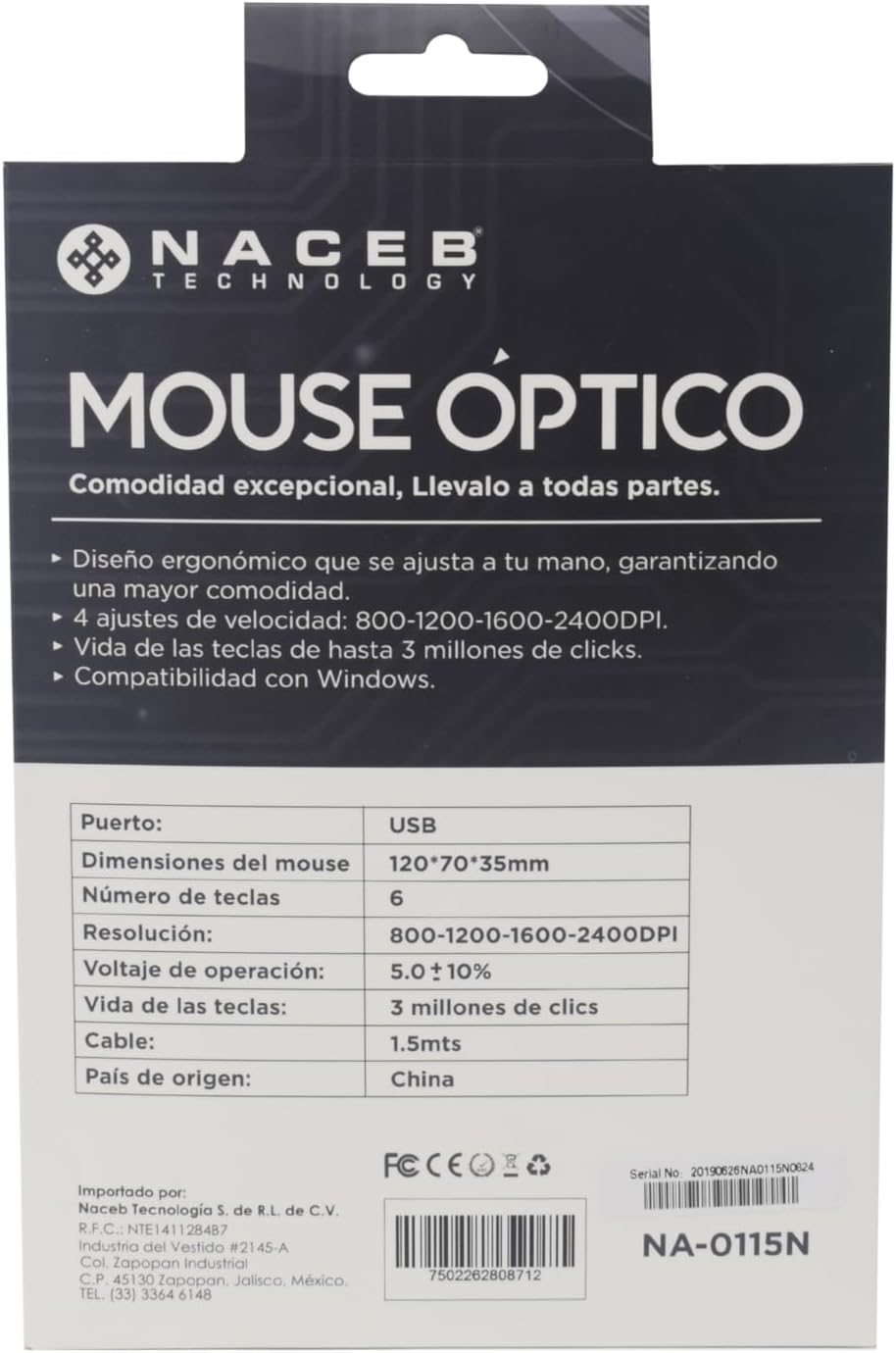 Mouse Naceb (Na-0115N) Alambrico, Optico, 6Botones, 800/2400 Dpi. Negro.