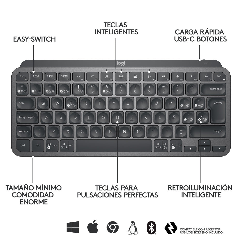 Teclado Logitech Mx Keys Mini Iluminado Bt 10Mt Graphite (920-010476)