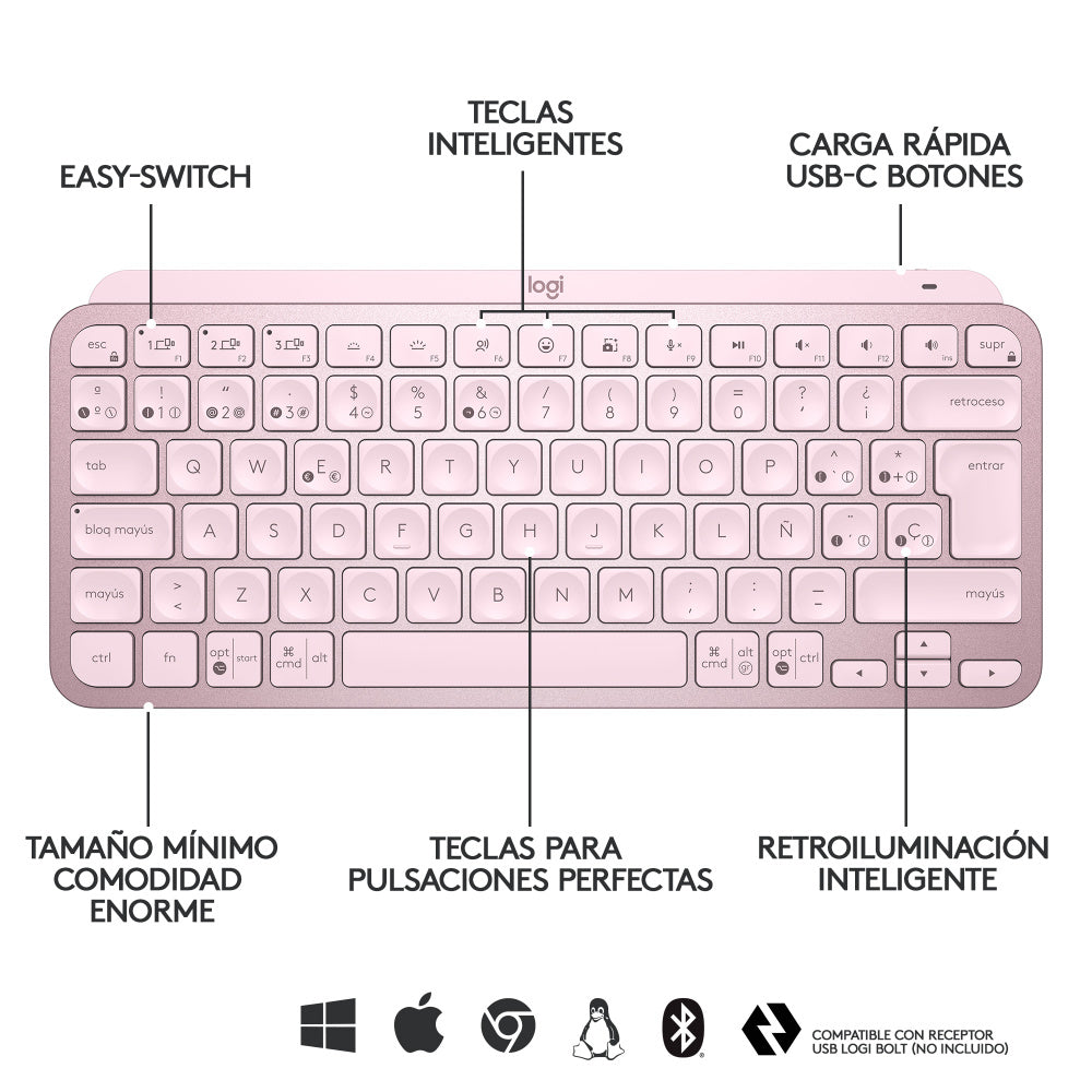 Teclado Logitech Mx Keys Mini Iluminado Bt 10Mt Rose (920-010478)