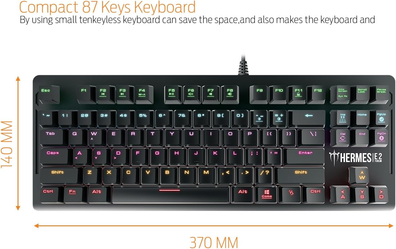 Teclado Mecanico Gamdias (Gd-Hermes E2 7 Color) Led 7 Colores,87 Teclas,Blue Switch,Negro