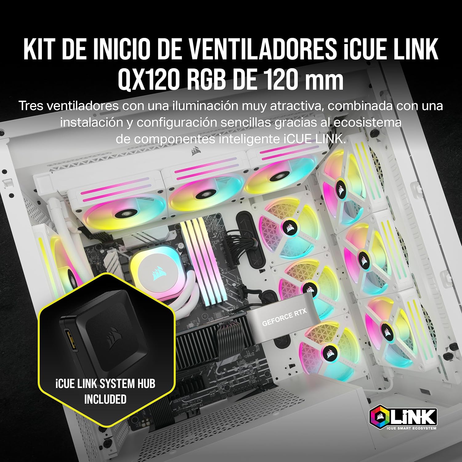 Ventilador Gabinete Corsair (Co-9051006-Ww) Icue Link Qx120 Rgb,3 Fan,120Mm,Domo Magnetico,Blanco