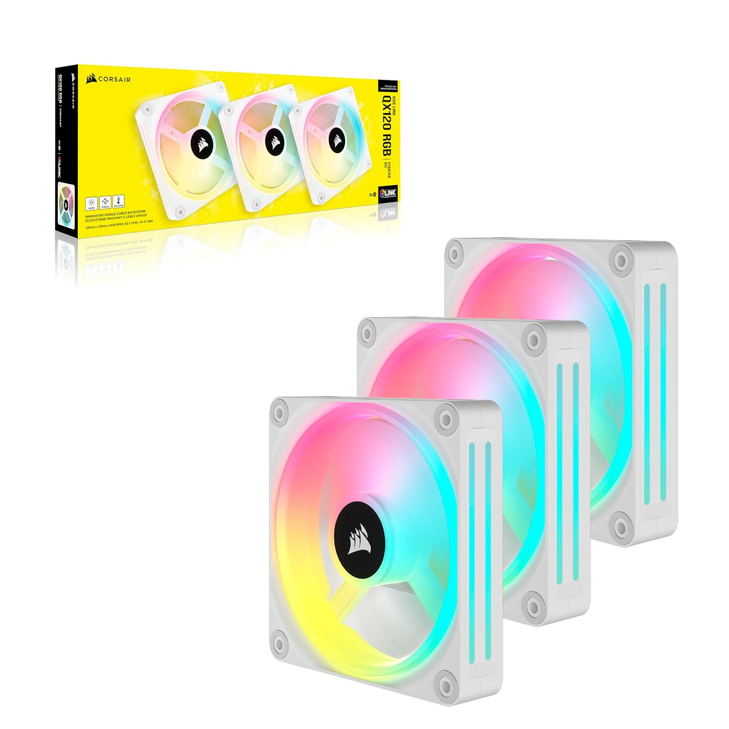 Ventilador Gabinete Corsair (Co-9051006-Ww) Icue Link Qx120 Rgb,3 Fan,120Mm,Domo Magnetico,Blanco