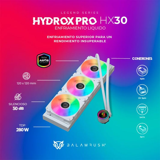 Ventilador P/Cpu Balam Rush (Br-937351) Hydrox Pro Hx30,360Mm,3 Fan 120Mm,Enfriamiento Liq,Blanco